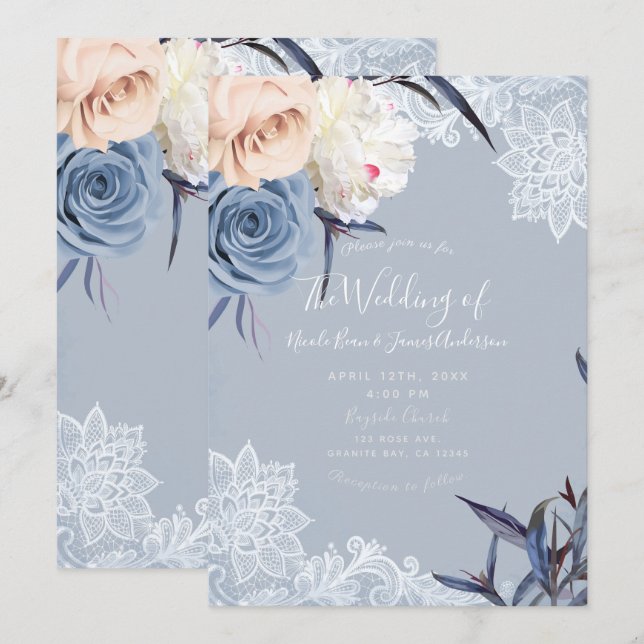 Convites Casamento com Renda Floral em Tons de Azul Desbota (Frente/Verso)