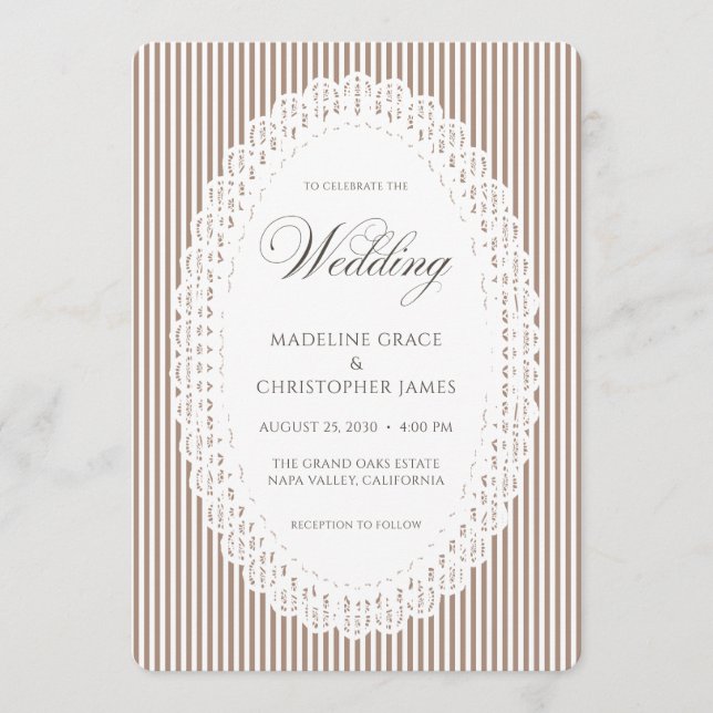 Convites Casamento com Renda Listrada Marrom Mocha (Frente)