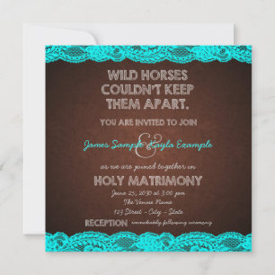 Convites Casamento com Renda Marrom Antigo e Azul Turquesa