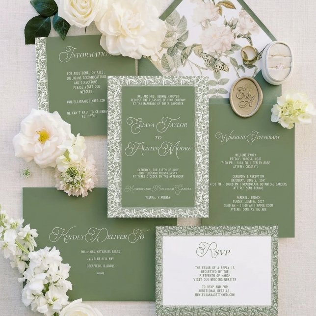 Convites Casamento com Renda Oliva de Dinheiro Antigo (Criador carregado)