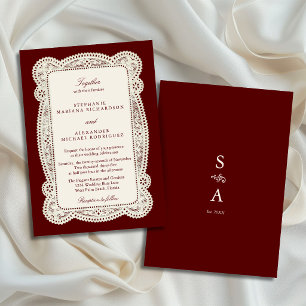 Convites Casamento com Renda Vintage em Borgonha e Marfim