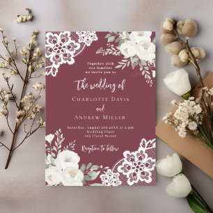 Convites Casamento com rendas de rosas brancas Merlot burgu