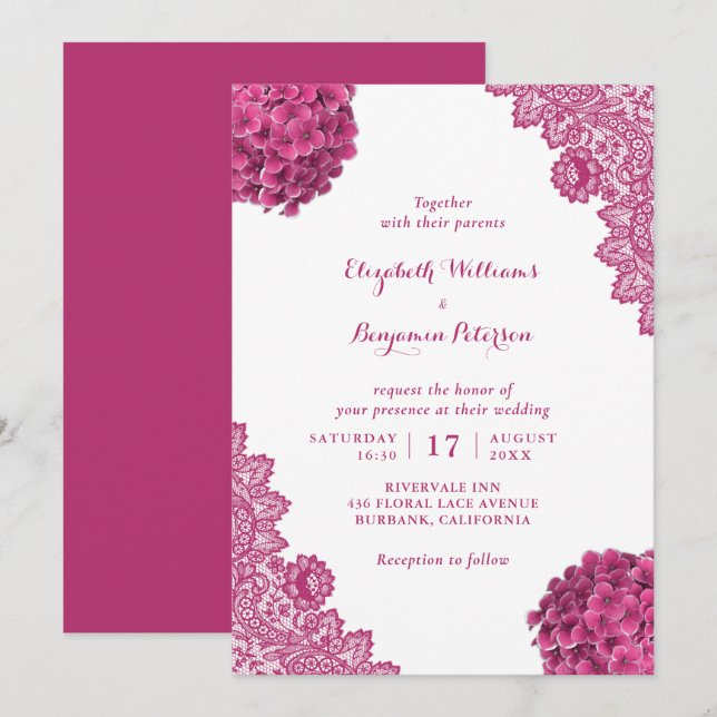 Convites Casamento com rendas florais, de Hydrangea, rosa-R (Frente/Verso)