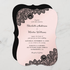 Convites Casamento com rendas flóricas, cor-de-rosa, preto