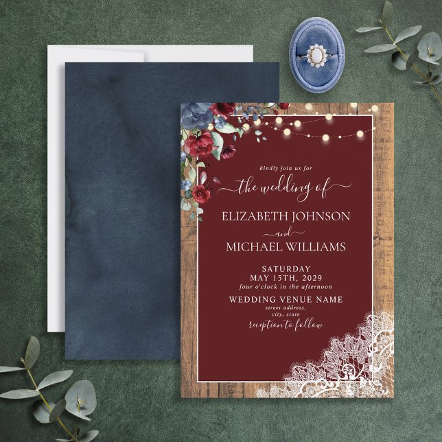 Convites Casamento com rendas marinho Blue Burgundy (Criador carregado)