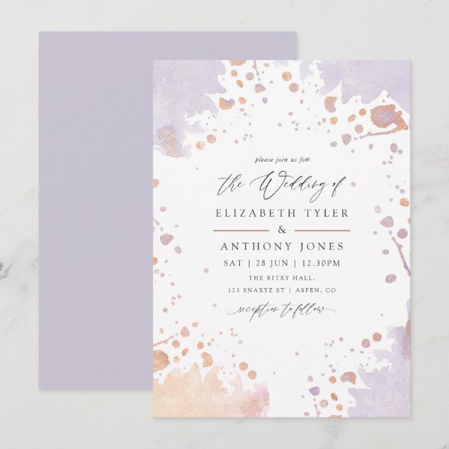 Convites Casamento com respingo de tinta dourado rosa e rox (Frente/Verso)