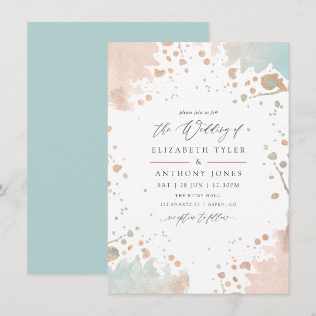 Convites Casamento com respingos de tinta em Rose Gold e Bl (Frente/Verso)