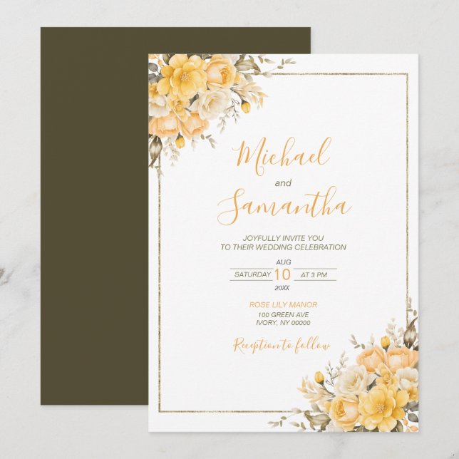 Convites Casamento com Rosa Amarela Elegante e Marfim (Frente/Verso)