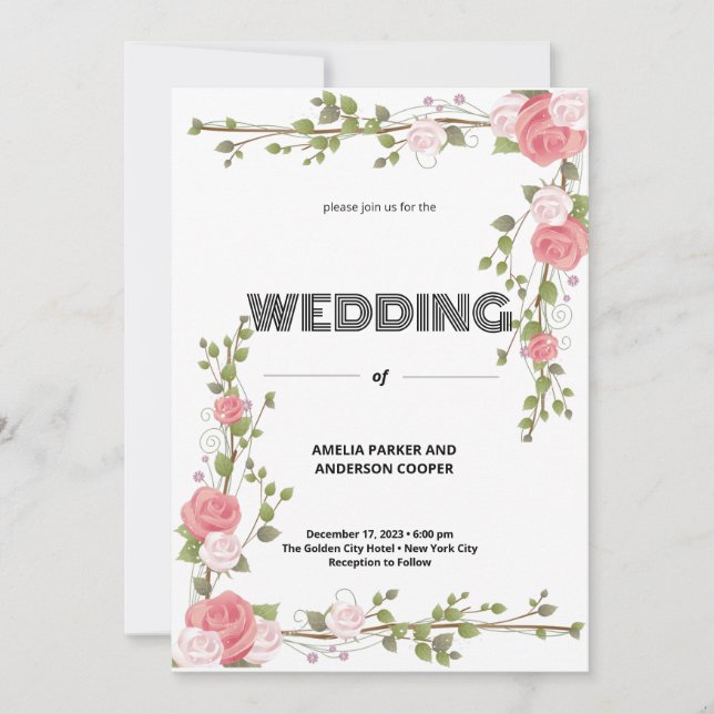 Convites Casamento com rosa Amor e Fundo Branco (Frente)