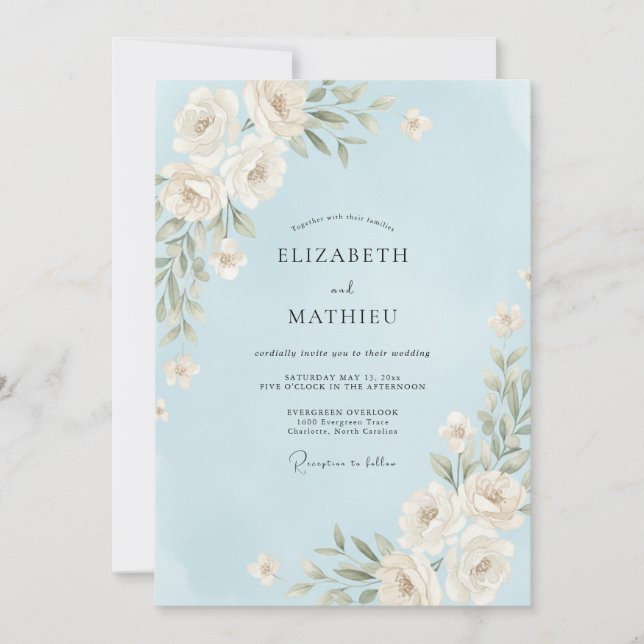Convites Casamento com Rosa Azul Céu (Frente)
