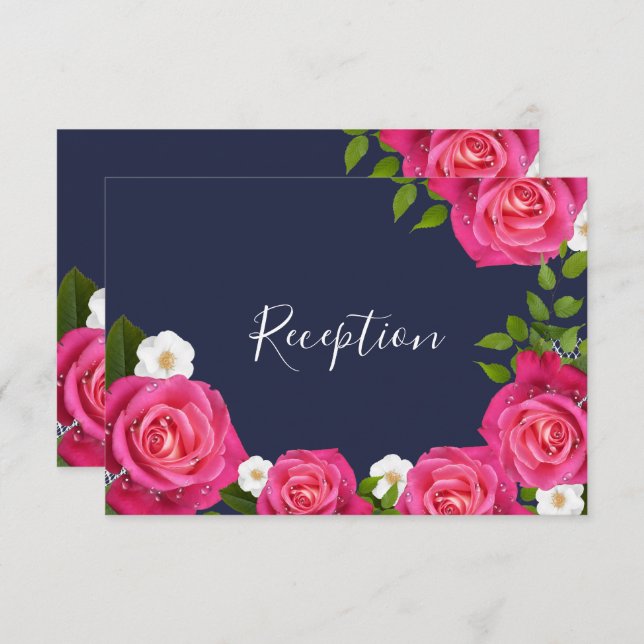 Convites Casamento com Rosa Azul e Rosa Rosa - Recepção (Frente/Verso)