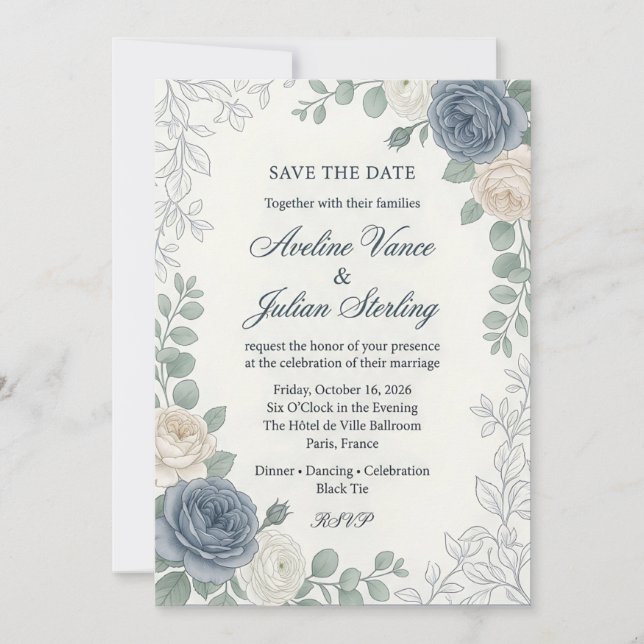 Convites Casamento com Rosa Azul Poeirento e Creme em Aquar (Frente)