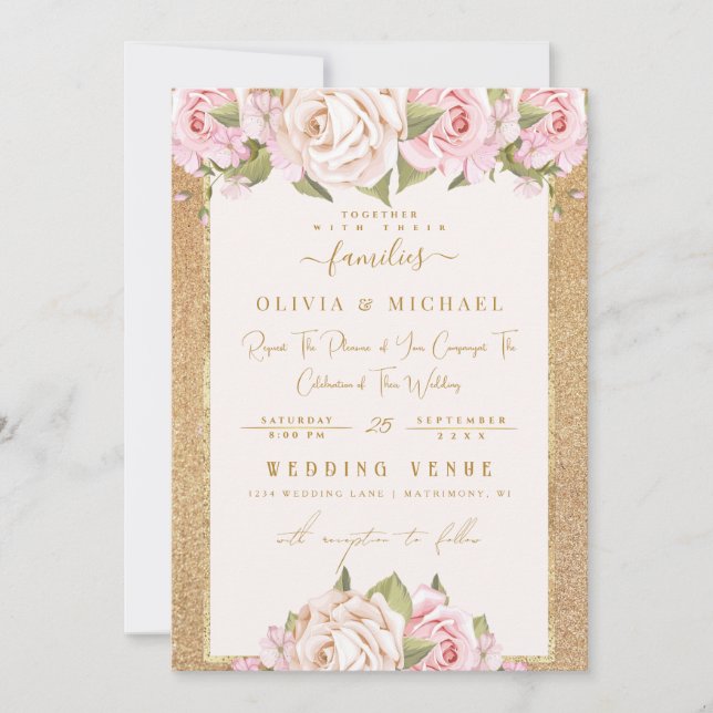 Convites Casamento com Rosa Blush, Ouro Floral e Folha (Frente)