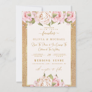 Convites Casamento com Rosa Blush, Ouro Floral e Folha