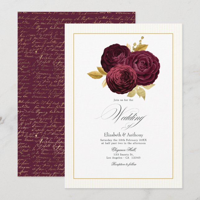 Convites Casamento com Rosa Borgonha e Dourada (Frente/Verso)