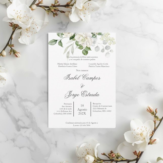 Convites Casamento com Rosa Branca e Folhagem (Criador carregado)