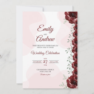 Convites Casamento com Rosa Carmesim Floral Elegante em Aqu