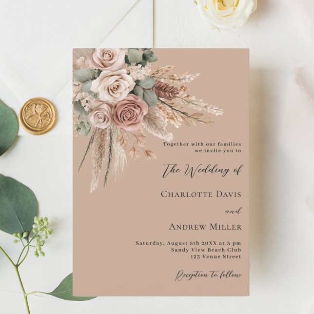 Convites Casamento com rosa de Beige taupe pampas (Criador carregado)