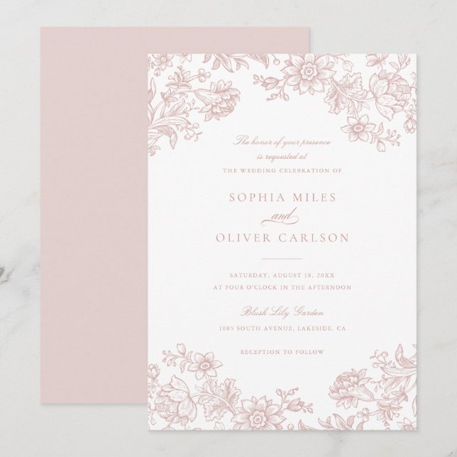 Convites Casamento com Rosa de Blush Elegante Floral (Frente/Verso)