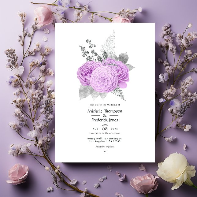 Convites Casamento com Rosa de Pastel Purple e Silver Vinta (Criador carregado)