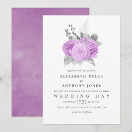 Convites Casamento com Rosa de Pastel Purple e Silver Vinta
