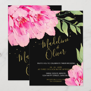 Convites Casamento com Rosa Dourado moderno, preto-e-rosa,