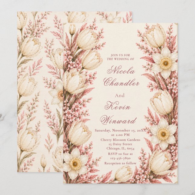 Convites Casamento com Rosa e Champanhe (Frente/Verso)