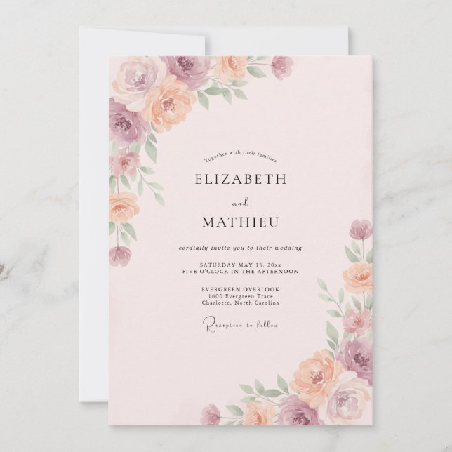 Convites Casamento com Rosa e Flor de Pêssego (Frente)