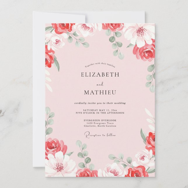 Convites Casamento com Rosa Peônia Carmesim (Frente)