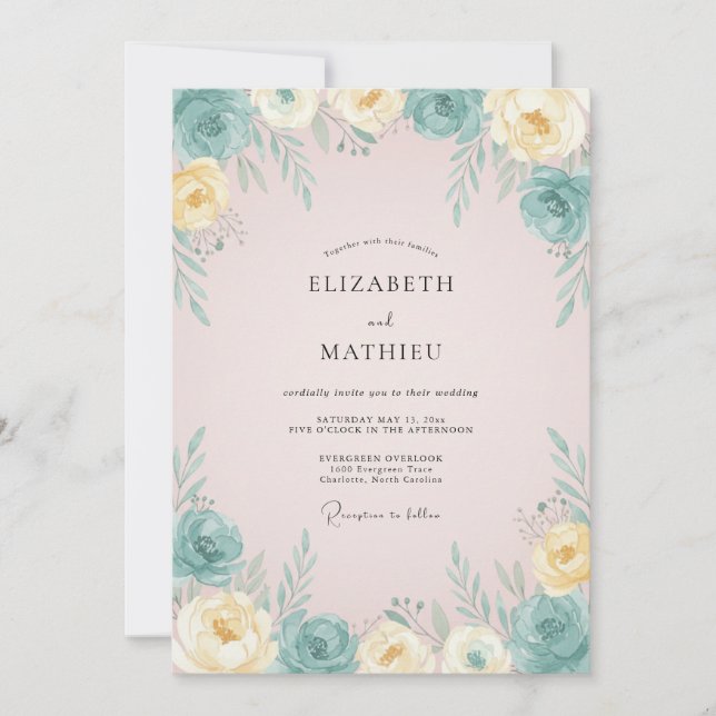 Convites Casamento com Rosa Peônia em Pó Aqua (Frente)