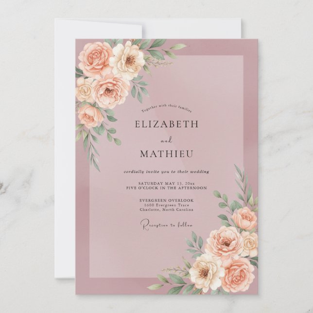 Convites Casamento com Rosa Poeira de Ameixa e Flor de Pess (Frente)