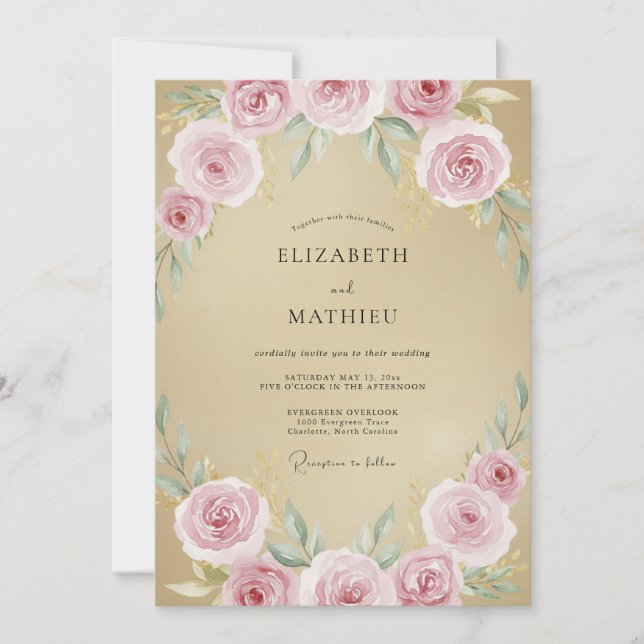 Convites Casamento com Rosa Rosa Champanhe (Frente)