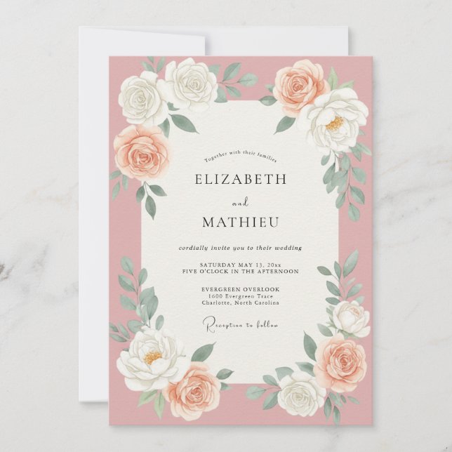 Convites Casamento com Rosa Rosa Empoeirada (Frente)