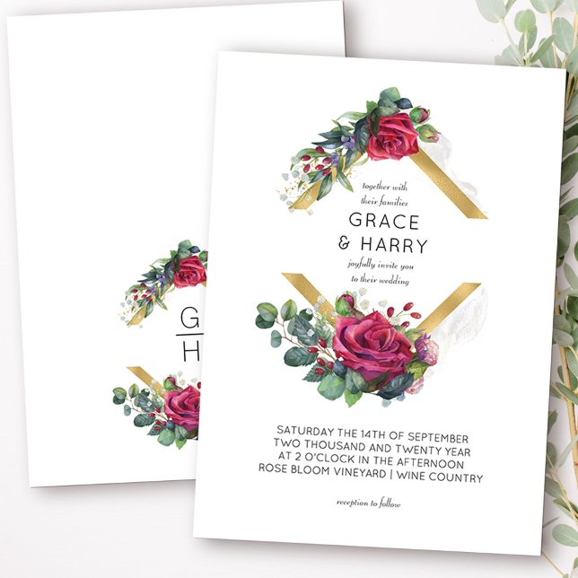 Convites Casamento com rosa vermelha e Eucalyptus Dourado D (Monogrammed wedding invitation from my Red Rose and Eucalyptus collection)