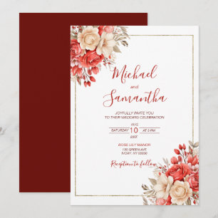 Convites Casamento com Rosa Vermelha e Marfim Elegantes