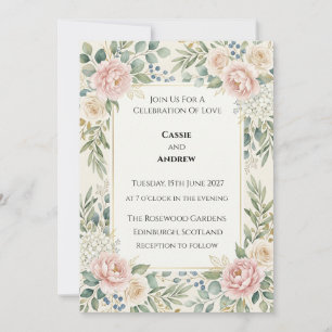 Convites Casamento com Rosas Cor-de-Rosa e Folhagens