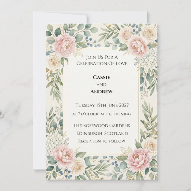 Convites Casamento com Rosas Cor-de-Rosa e Folhagens (Frente)