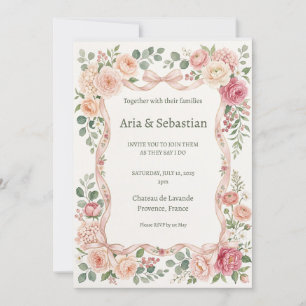 Convites Casamento com Rosas Cor-de-Rosa e Folhagens