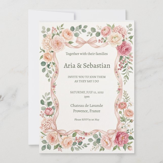 Convites Casamento com Rosas Cor-de-Rosa e Folhagens (Frente)