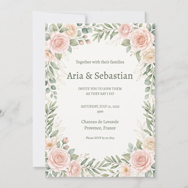 Convites Casamento com Rosas Coradas e Folhagens (Frente)