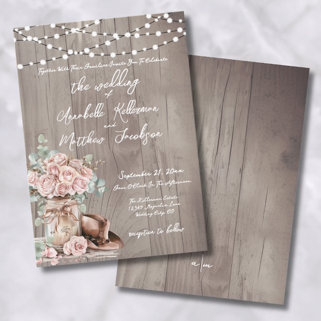Convites Casamento com Rosas de madeira rustica elegante (Elegant Rustic Wood Roses Country Wedding Invitation)