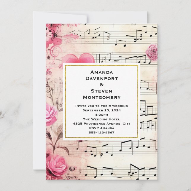 Convites Casamento com Rosas e notas musicais (Frente)