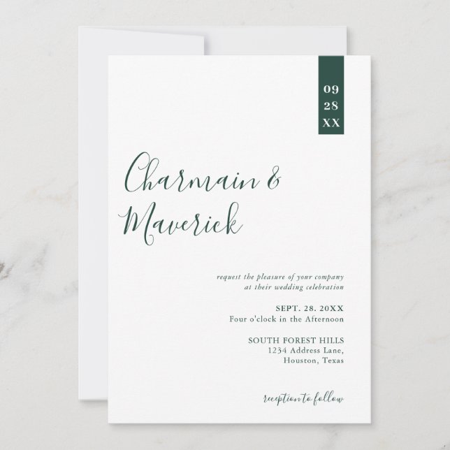 Convites Casamento com Roteiro Verde Esmeralda Minimalista (Frente)