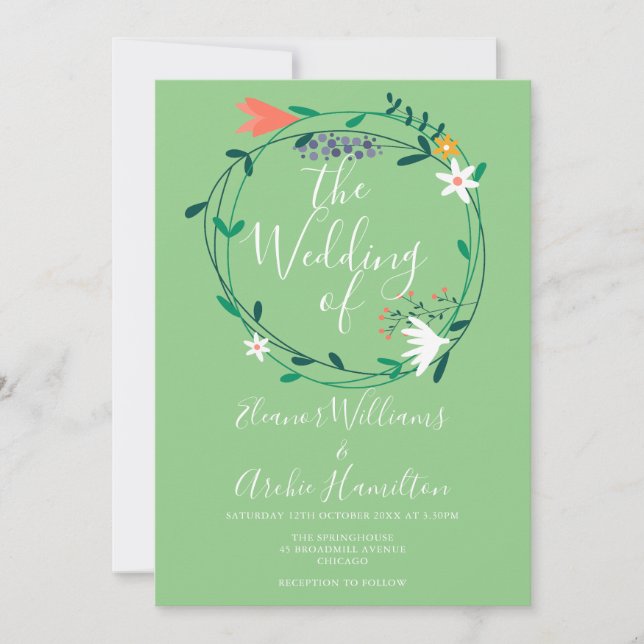 Convites Casamento com Rótulo de Grinalda Floral Moderna (Frente)