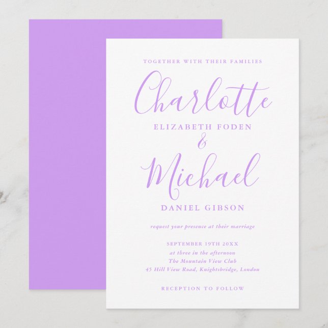 Convites Casamento com Rótulo de Letra Lavanda Lilás (Frente/Verso)