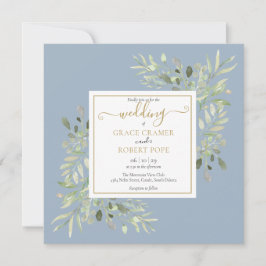 Convites Casamento com Rótulo Dourado em Aquarela Azul Empo