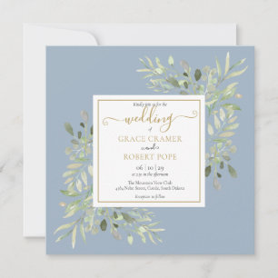 Convites Casamento com Rótulo Dourado em Aquarela Azul Empo