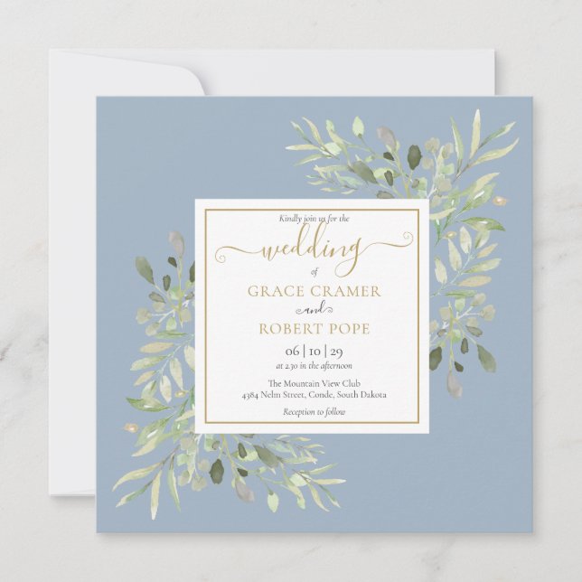 Convites Casamento com Rótulo Dourado em Aquarela Azul Empo (Frente)