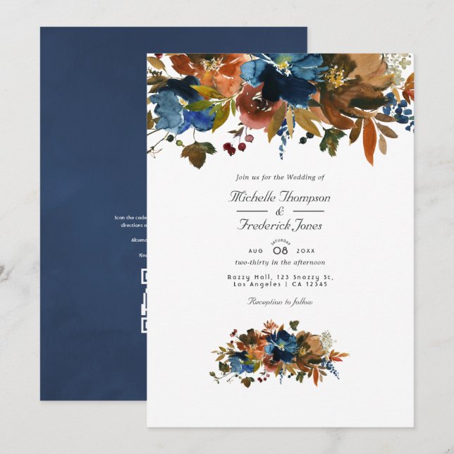 Convites Casamento com RSVP por Código QR Floral em Gengibr (Frente/Verso)