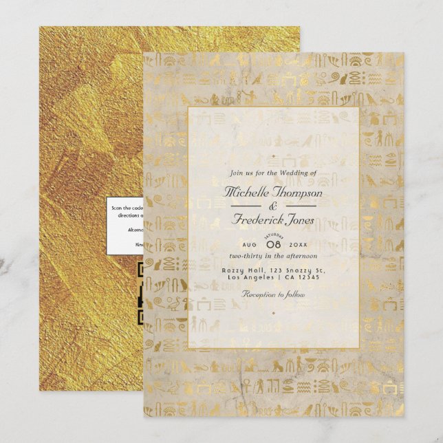 Convites Casamento com RSVP por Código QR Temático Egípcio (Frente/Verso)